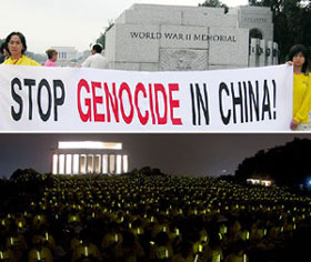 Falun Gong praktikanti iz 20 zemalja su u Washingtonu formirali ljudski zid, dug više od dva kilometra od memorijala 2. Svjetskog rata do kineske ambasade, a isti dan uveče hiljade praktikanata su sa svijećama žalili za onima, koji su ubijeni u Kini
